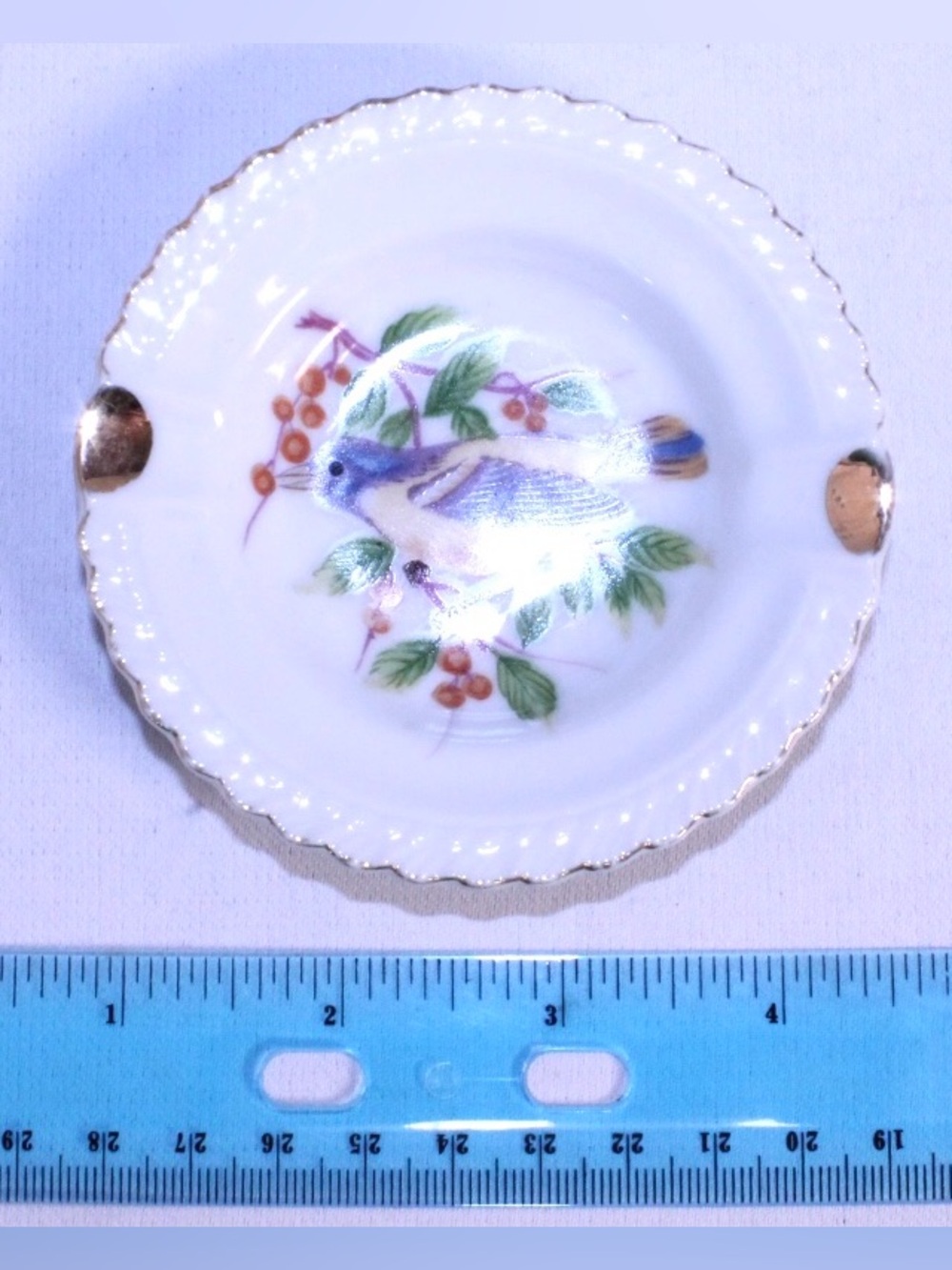 Hand-Painted Bird and Berries Porcelain Butter Pat Dish with Gold Trim - Picture 2 of 6